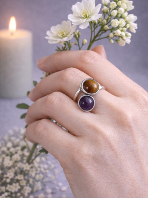 BAGUE DOUBLE PIERRES NATURELLES OEIL DE TIGRE ET AMETHYSTE