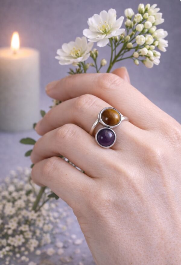 BAGUE DOUBLE PIERRES NATURELLES OEIL DE TIGRE ET AMETHYSTE