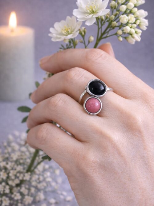 BAGUE DOUBLE PIERRES NATURELLES ONYX ET RHODONITE