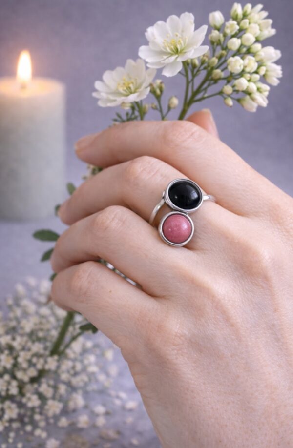 BAGUE DOUBLE PIERRES NATURELLES ONYX ET RHODONITE