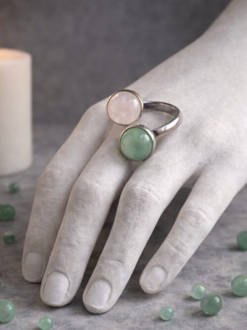BAGUE DOUBLE PIERRES NATURELLES AVENTURINE VERTE ET QUARTZ ROSE