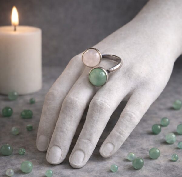 BAGUE DOUBLE PIERRES NATURELLES AVENTURINE VERTE ET QUARTZ ROSE