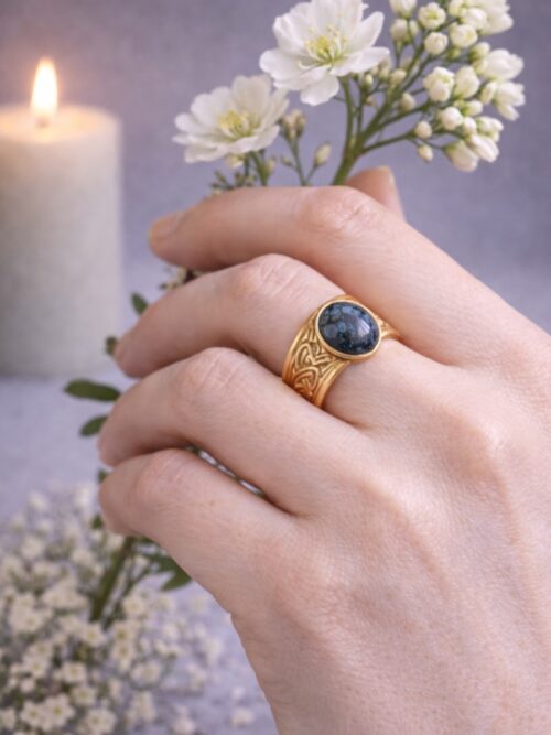 BAGUE MARTELEE PIERRE NATURELLE OBSIDIENNE FLOCON DE NEIGE