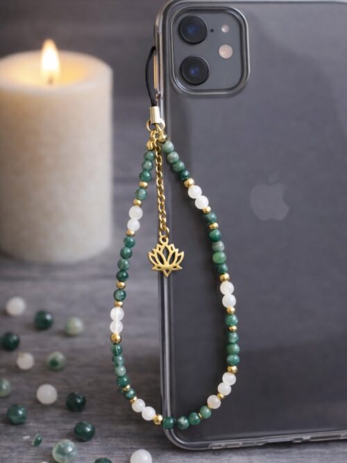 BIJOU TELEPHONE PIERRES NATURELLES AGATE MOUSSE ET QUARTZ ROSE