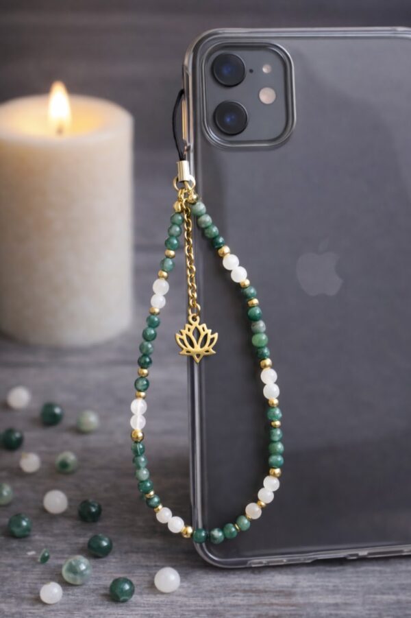 BIJOU TELEPHONE PIERRES NATURELLES AGATE MOUSSE ET QUARTZ ROSE