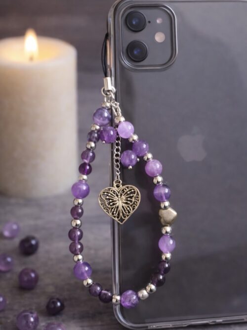 BIJOU DE TELEPHONE PIERRE NATURELLE AMETHYSTE ET COEUR PYRITE