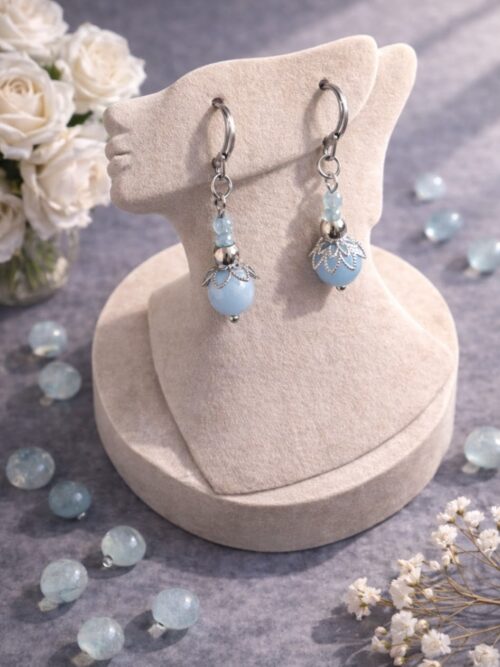 BOUCLES D'OREILLES PIERRES NATURELLES AIGUE-MARINE ET ANGELEITE