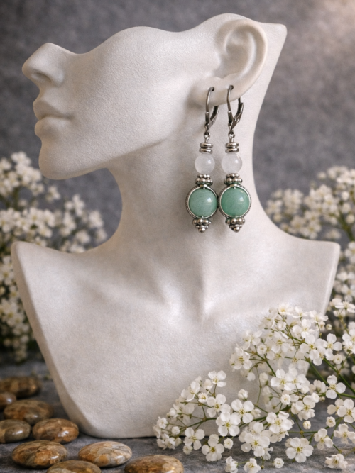 BOUCLES D'OREILLES PIERRES NATURELLES AMAZONITE ET JADE BLANC