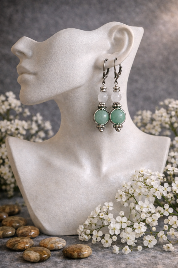 BOUCLES D'OREILLES PIERRES NATURELLES AMAZONITE ET JADE BLANC