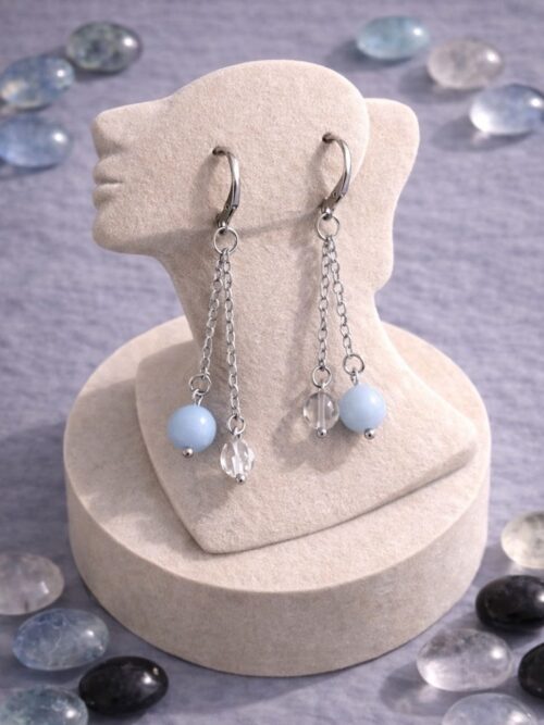 BOUCLES D'OREILLES PIERRES NATURELLES ANGELITE ET CRISTAL DE ROCHE