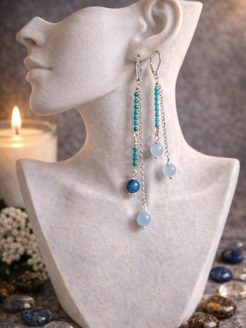 BOUCLES D'OREILLES PIERRES NATURELLES APATITE ET AVENTURINE BLEUE