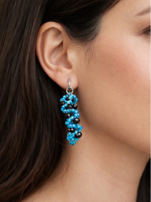 BOUCLES D'OREILLES PIERRES NATURELLES APATITE ET OBSIDIENNE OEIL CELESTE DORE FACETTEE