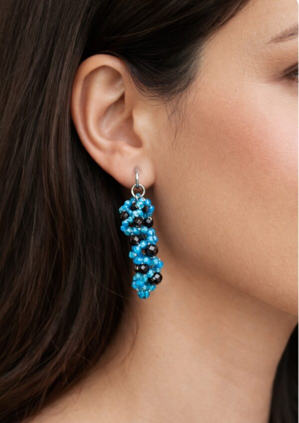 BOUCLES D'OREILLES PIERRES NATURELLES APATITE ET OBSIDIENNE OEIL CELESTE DORE FACETTEE