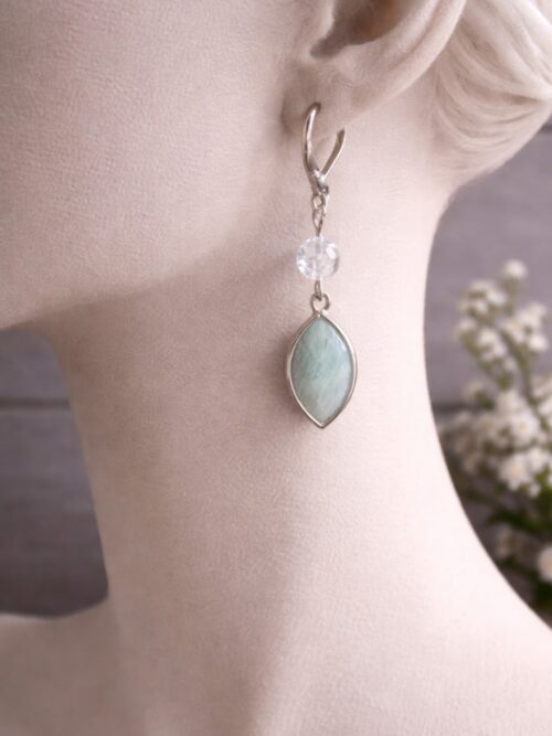 BOUCLES D'OREILLES PIERRES NATURELLES AVENTURINE VERTE FACETTEE ET CRISTAL DE ROCHE