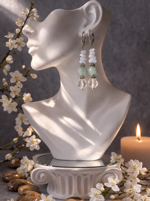 BOUCLES D'OREILLES PIERRES NATURELLES CALCEDOINE ET CRISTAL DE ROCHE