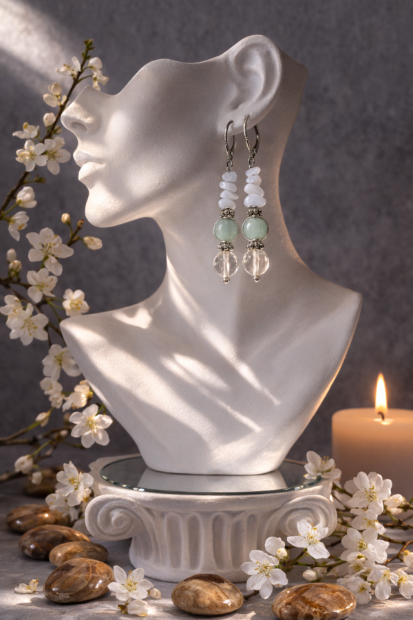 BOUCLES D'OREILLES PIERRES NATURELLES CALCEDOINE ET CRISTAL DE ROCHE