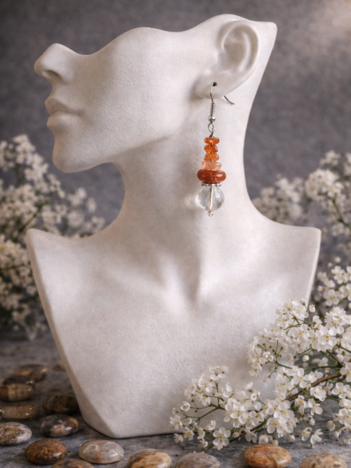 BOUCLES D'OREILLES PIERRES NATURELLES CORNALINE ET CRISTAL DE ROCHE