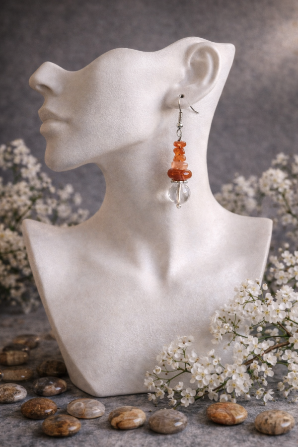 BOUCLES D'OREILLES PIERRES NATURELLES CORNALINE ET CRISTAL DE ROCHE