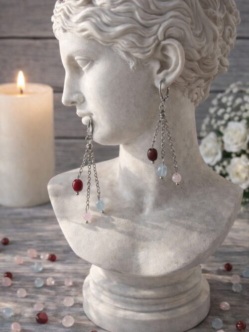 BOUCLES D'OREILLES PIERRES NATURELLES JASPE MOKAÏTE,AIGRE-MARINE ET QUARTZ ROSE