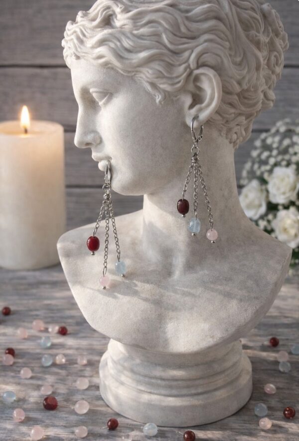BOUCLES D'OREILLES PIERRES NATURELLES JASPE MOKAÏTE,AIGRE-MARINE ET QUARTZ ROSE