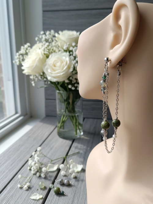 Boucles d'oreilles pierres naturelles Jaspe polychrome, Jaspe kiwi et Agate mousse