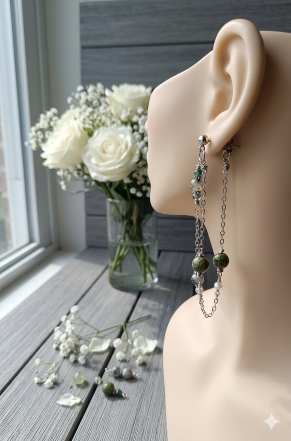 Boucles d'oreilles pierres naturelles Jaspe polychrome, Jaspe kiwi et Agate mousse