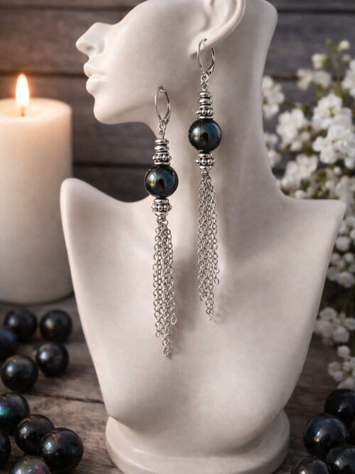 BOUCLES D'OREILLES PIERRES NATURELLES OBSIDIENNE OEIL CELESTE ARC-EN-CIEL