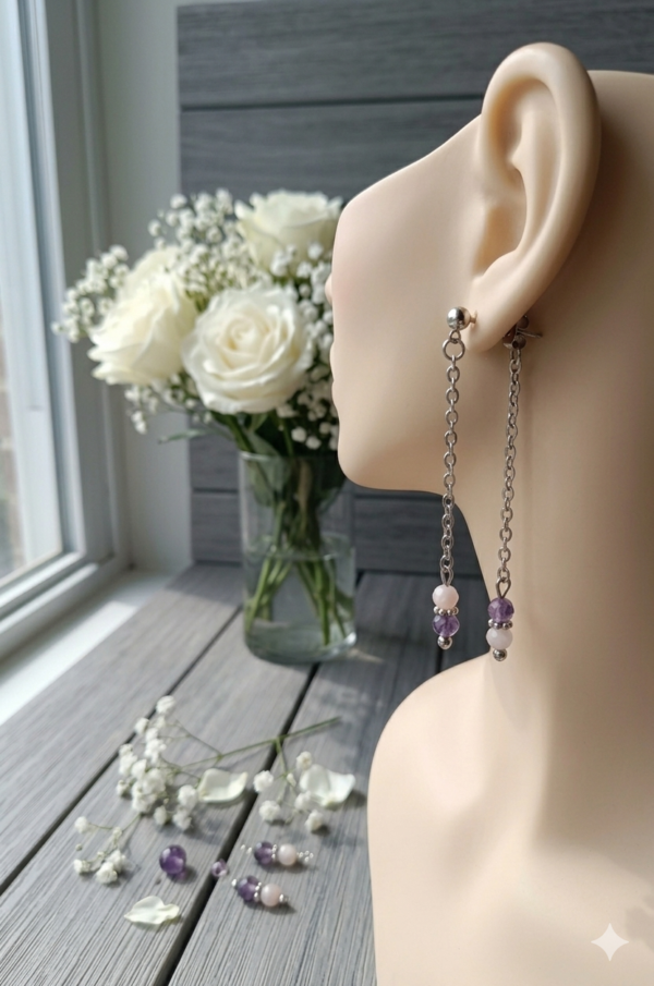 BOUCLES D'OREILLE PIERRES NATURELLES OPALE ROSE ET AMETHYSTE FACETTEES
