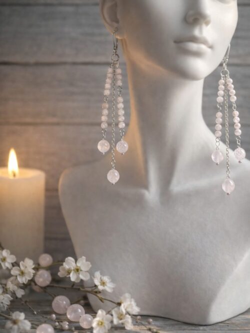 BOUCLES D'OREILLES PIERRES NATURELLES OPALE ROSE FACETTEE ET QUARTZ ROSE