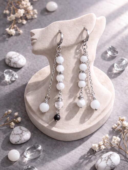 BOUCLES D'OREILLES PIERRES NATURELLES NACRE ET ONYX