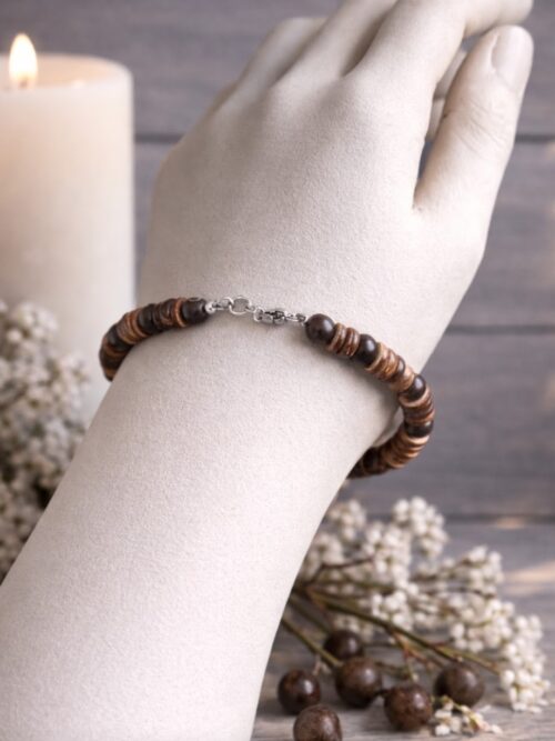 BRACELET PIERRES NATURELLES jADE FLEUR DE PRUNIER ET PERLES DE COCO (modèle homme)