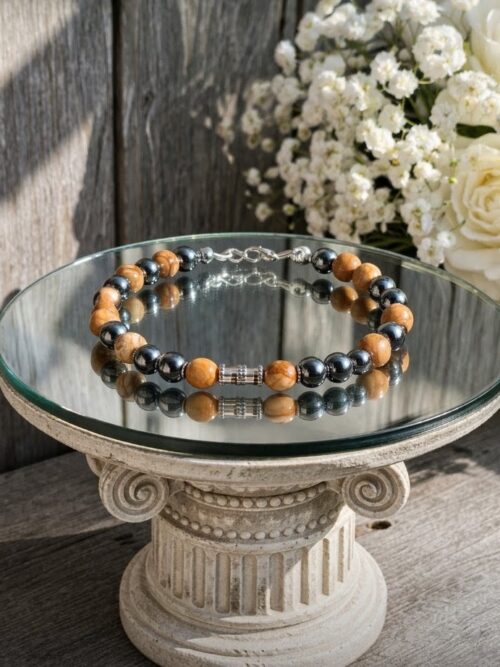 BRACELET PIERRES NATURELLES JASPE CAMEL ET HEMATITE (modèle homme)