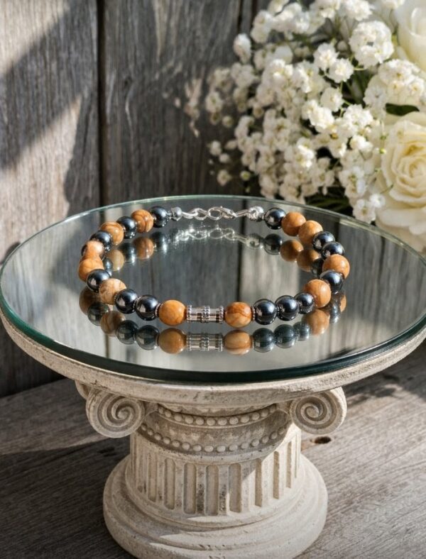 BRACELET PIERRES NATURELLES JASPE CAMEL ET HEMATITE (modèle homme)