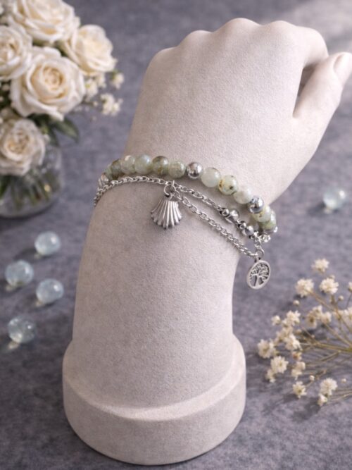 BRACELET PIERRES NATURELLES LARVIKITE+CHAINE ET BRELOQUES