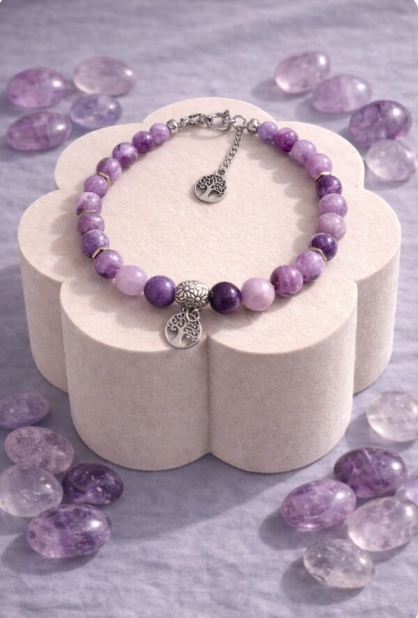 BRACELET PIERRES NATURELLES LEPIDOLITE ET ARBRE DE VIE