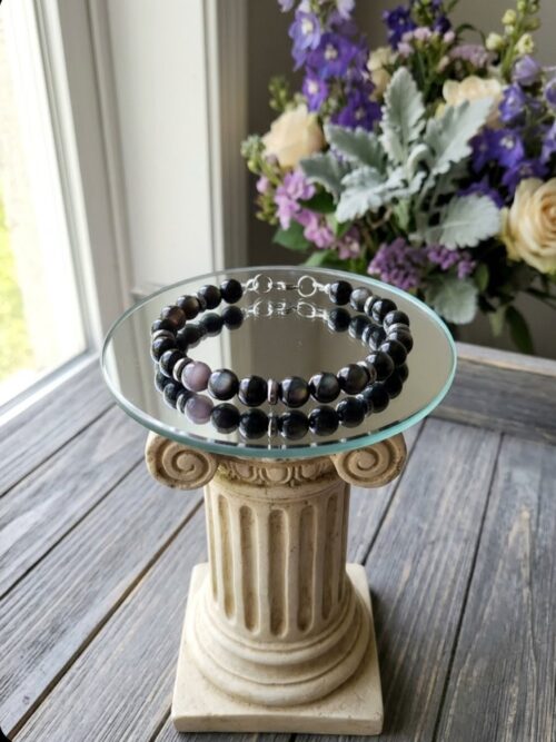 BRACELET PIERRES NATURELLES OBSIDIENNE OEIL CELESTE ARGENTEE (modèle homme)