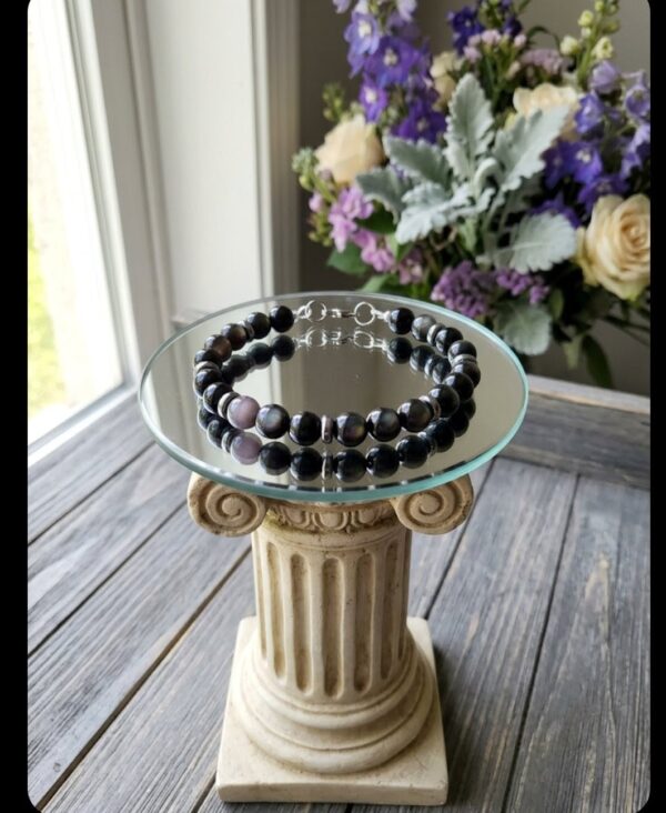 BRACELET PIERRES NATURELLES OBSIDIENNE OEIL CELESTE ARGENTEE (modèle homme)