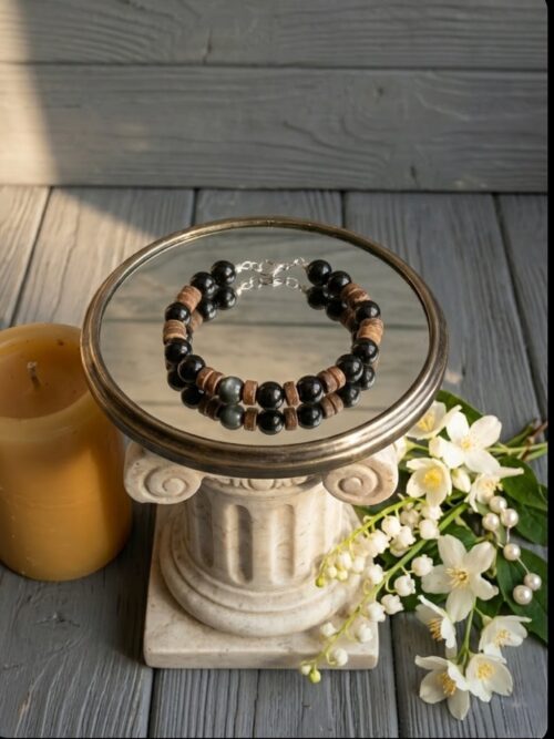 BRACELET PIERRES NATURELLES OBSIDIENNE OEIL CELESTE ARC-EN-CIEL ET PERLES DE COCO