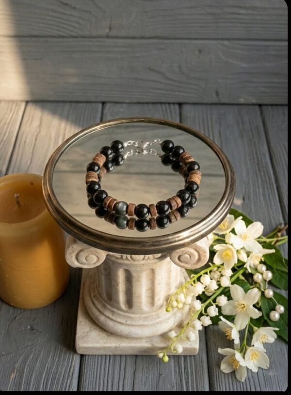 BRACELET PIERRES NATURELLES OBSIDIENNE OEIL CELESTE ARC-EN-CIEL ET PERLES DE COCO