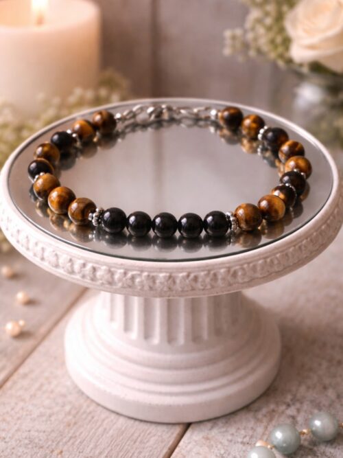 BRACELET PIERRES NATURELLES OEIL DE TIGRE ET ONYX (modèle homme)