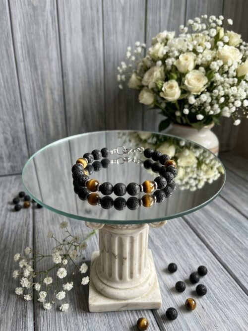 BRACELET PIERRES NATURELLES PIERRE DE LAVE ET OEIL DE TIGRE (modèle homme)