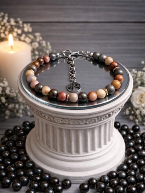 BRACELET PIERRES NATURELLES BOIS FOSSILISE ET ARBRE DE VIE