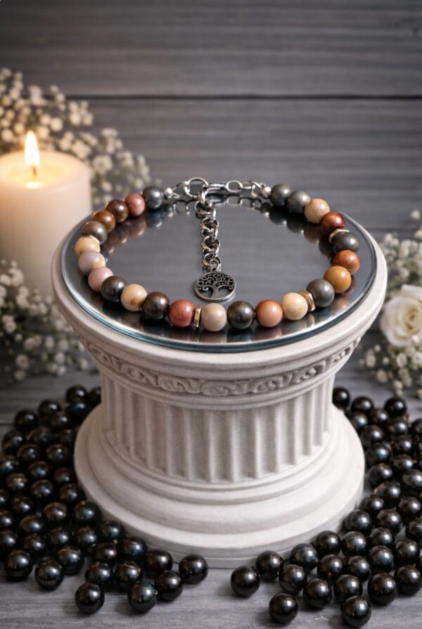 BRACELET PIERRES NATURELLES BOIS FOSSILISE ET ARBRE DE VIE