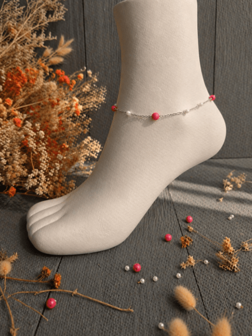 BRACELET DE CHEVILLE PIERRES NATURELLES CINABRE ET NACRE