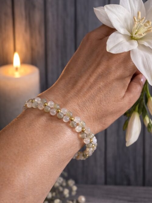 BRACELET PIERRES NATURELLES LABRADORITE ET QUARTZ ROSE