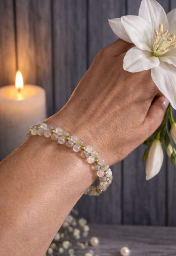 BRACELET PIERRES NATURELLES LABRADORITE ET QUARTZ ROSE