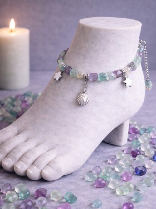 CHAINE DE CHEVILLE PERLES NATURELLES FLUORITE