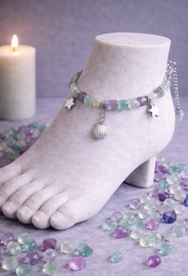 CHAINE DE CHEVILLE PERLES NATURELLES FLUORITE