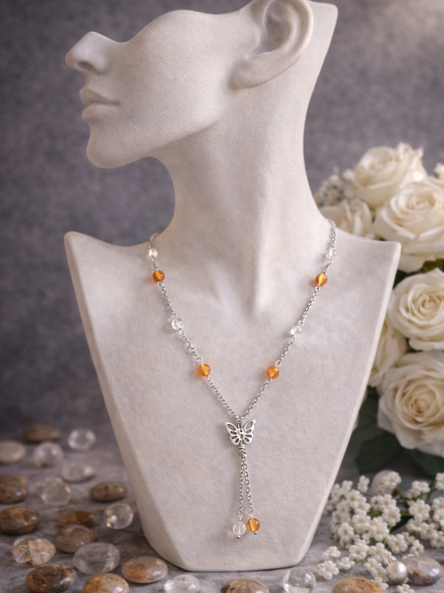 CHAINE ET PENDENTIF PIERRES NATURELLES CORNALINE ET CRISTAL DE ROCHE