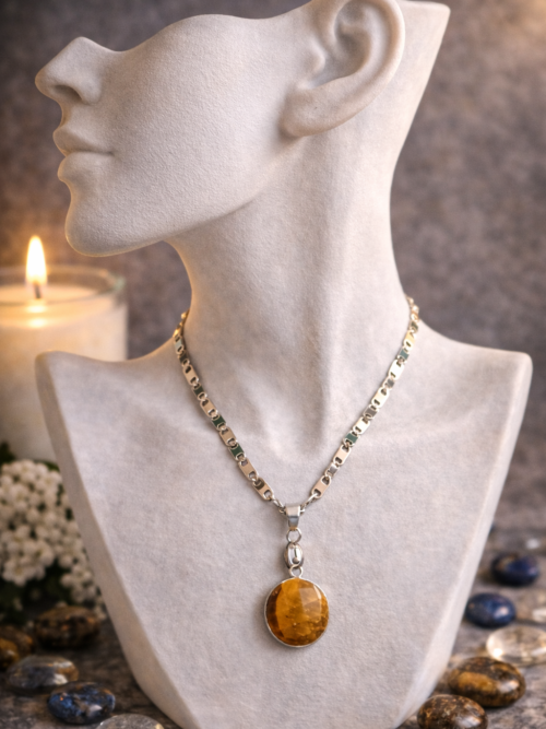 CHAINE ET PENDENTIF PIERRE NATURELLE OEIL DE TIGRE FACETTE